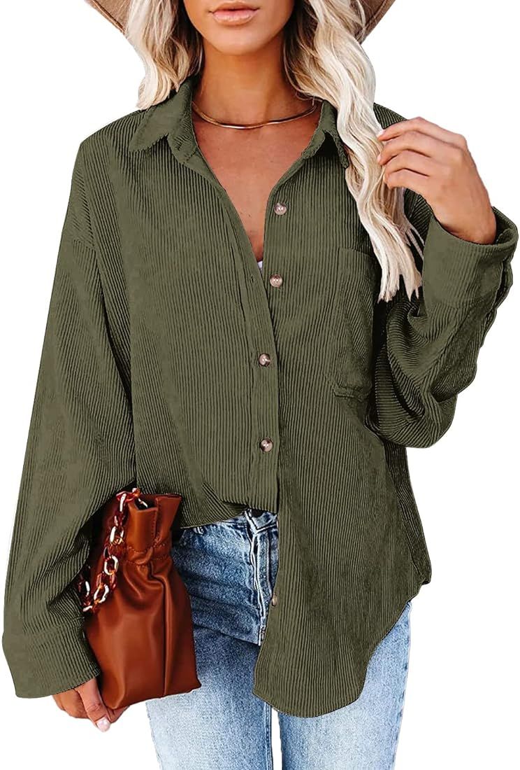 Beaully Women's Corduroy Button Down Pocket Shirts Casual Long Sleeve Oversized Blouses Tops | Amazon (US)