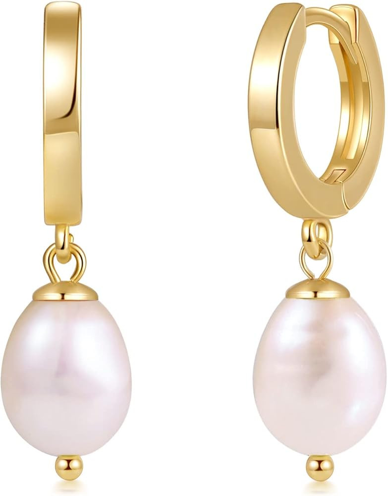 Fiusem Pearl Dangle Earrings for Women, 14K Gold Plated Small Hoops and Pearl Drop Earring With 9... | Amazon (US)