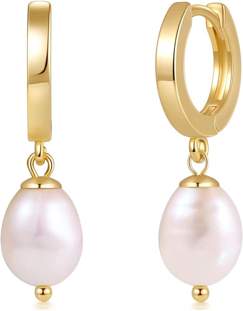 Fiusem Pearl Earrings for Women, 14K Gold Plated Small Hoops and Pearl Dangle Earring With 925 St... | Amazon (US)