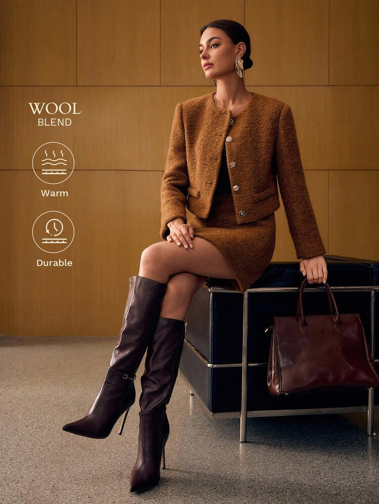 MOTF PREMIUM WOOL SOLID SINGLE BREASTED PLACKET CROP JACKET | SHEIN