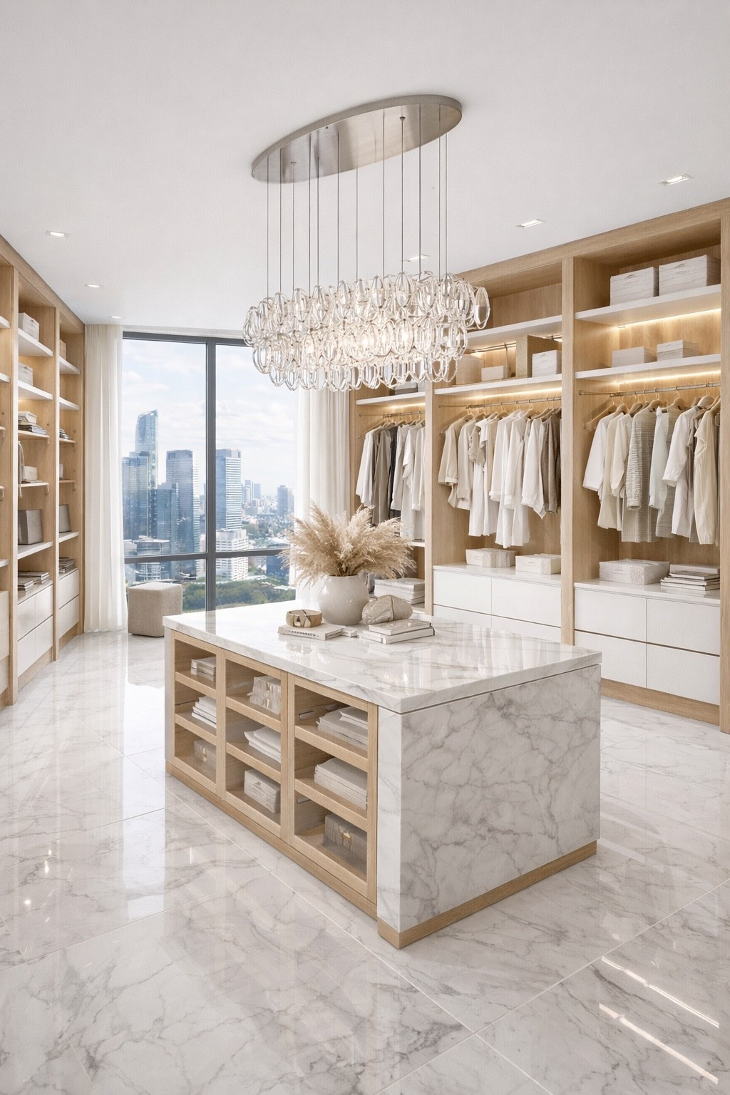 This elegant walk-in closet features a stunning marble island with storage drawers, floor-to-ceiling wardrobe shelves and a sparkling crystal chandelier that adds a luxurious touch. Warm wood cabinetry, soft neutral tones and panoramic city views create a sophisticated dressing room that feels like a high-end boutique. Perfect inspiration for a modern luxury closet with timeless design.

#walkincloset
#luxurycloset
#closetdesign
#luxuryinteriors
#modernhomeinspo
#interiordesignideas
#closetinspo
#luxuryhome
#closetorganization
#marbleinterior
#moderninterior
#dreamcloset
#homeinspiration
#luxurydecor
#interiordesign