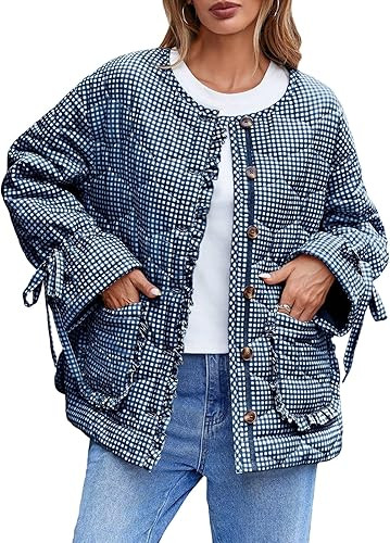 Tankaneo Womens Cropped Quilted Puffer Jackets Lightweight Plaid Button Down Bow Padded Down Coat | Amazon (US)
