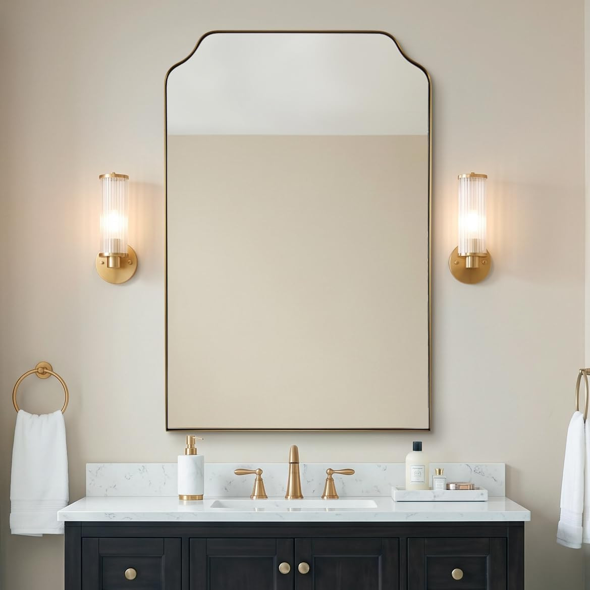 MIRRORART 24x36'' Gold Arched Mirrors, Brass Scalloped Arched Wall Mirror | Amazon (US)