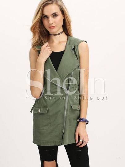 Army Green Hooded Sleeveless Pockets Vest | SHEIN