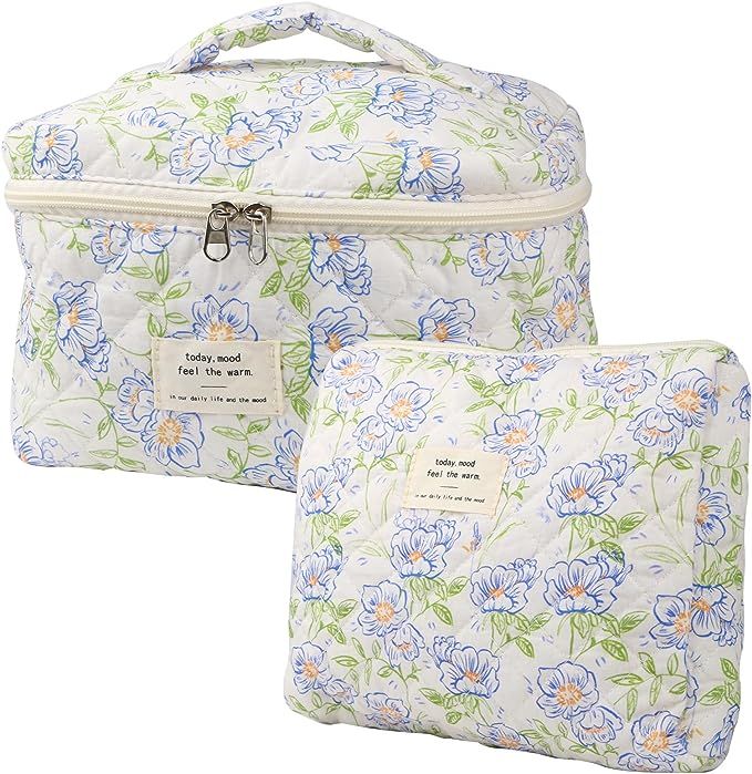 NATINSA Cute Makeup Bag for Women(2 Pcs), Travel Cosmetic Bags, Quilted Coquette Aesthetic Floral... | Amazon (US)