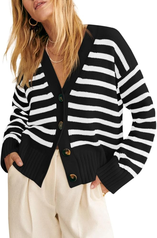 Saodimallsu Womens Striped Cardigan Sweaters V Neck Button Down Long Sleeve Open Front Ribbed Kni... | Amazon (US)