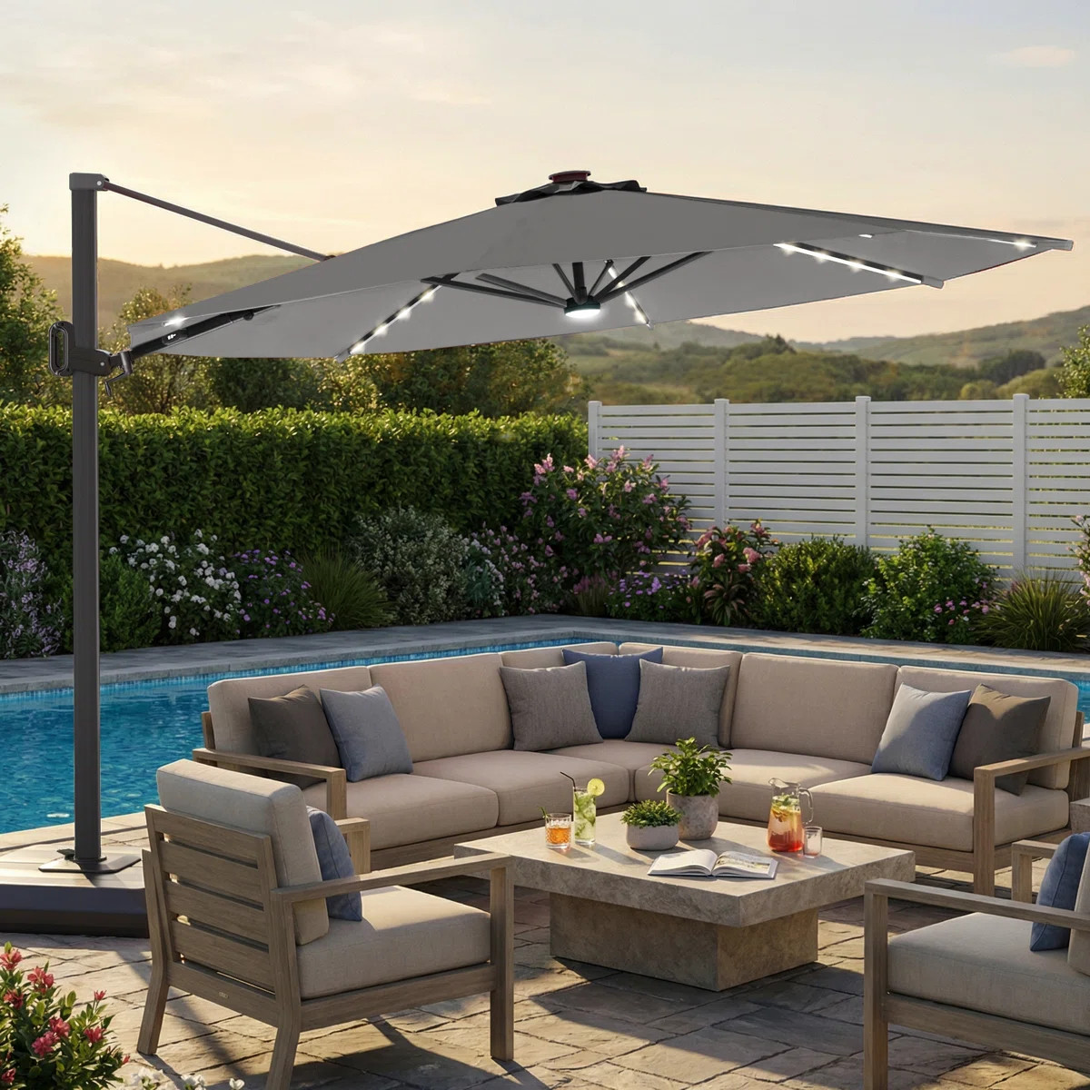 11' Large Hanging Outdoor Umbrella with Solar LED Glow Strips, 360-Degree Rotating Sunshade and M... | Wayfair North America