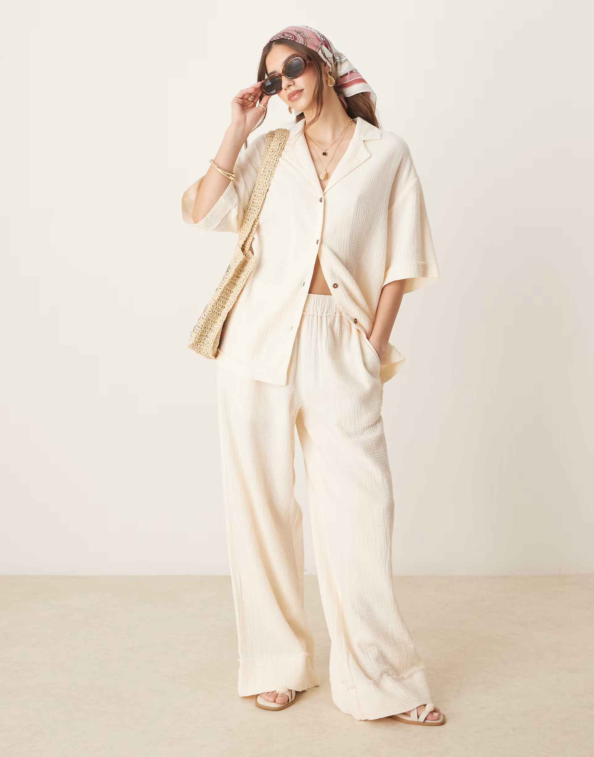 ASOS DESIGN cheesecloth pull on trousers with raw edge detail co-ord in buttermilk | ASOS | ASOS (Global)