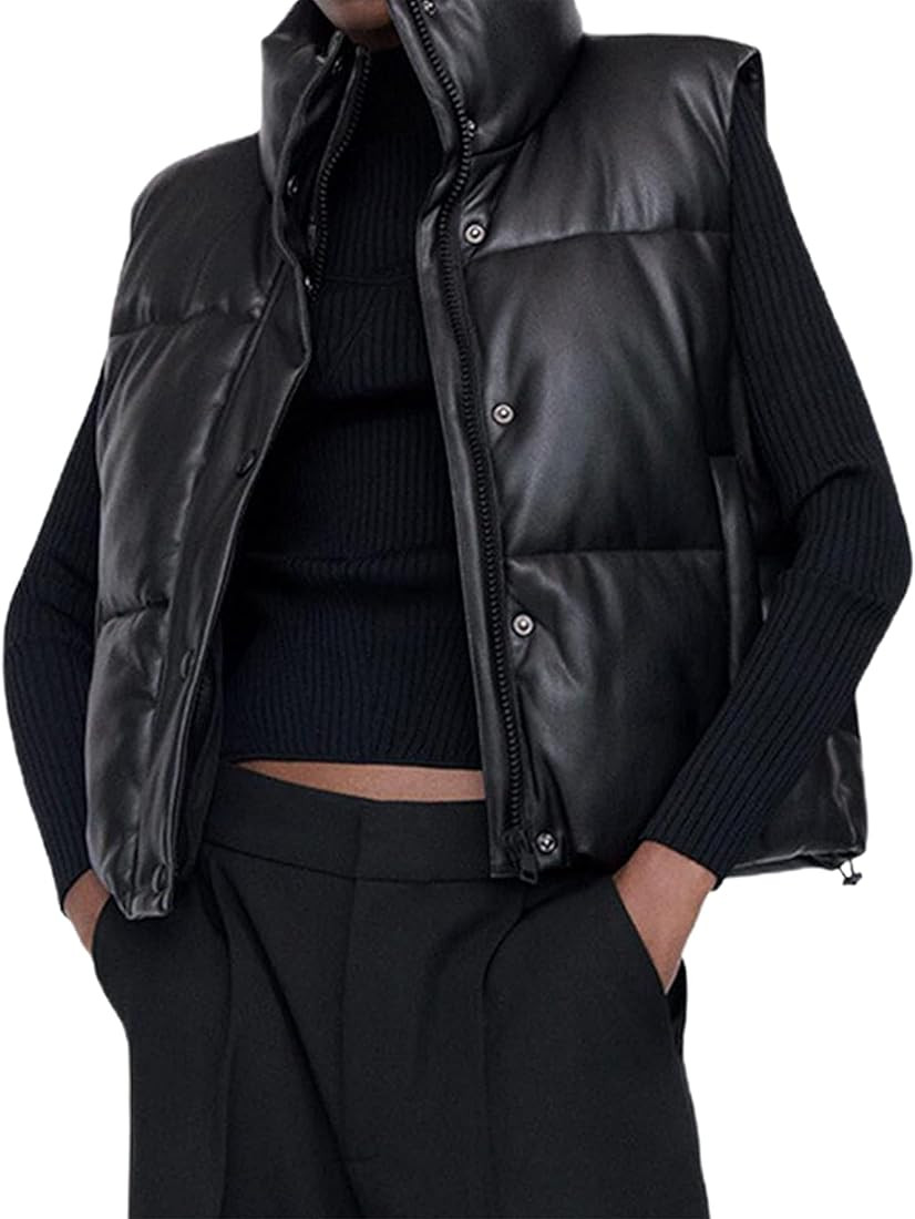 Yidarer Women's Faux Leather Puffer Vest Stand Collar Padded Vest Sleeveless Quilted Lightweight Jac | Amazon (US)