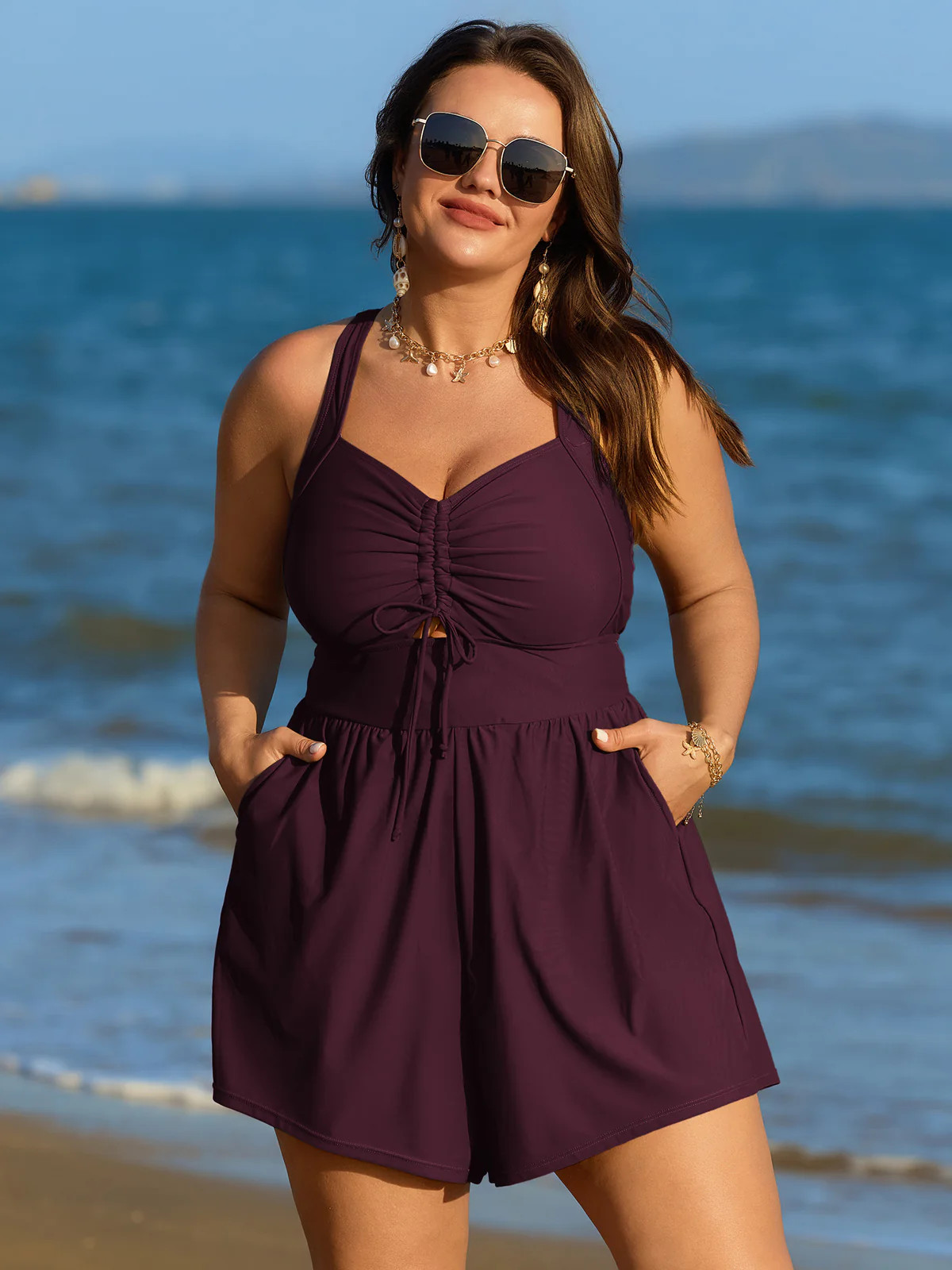 Cut-Out Drawstring Pockets Swim Romper | Bloomchic