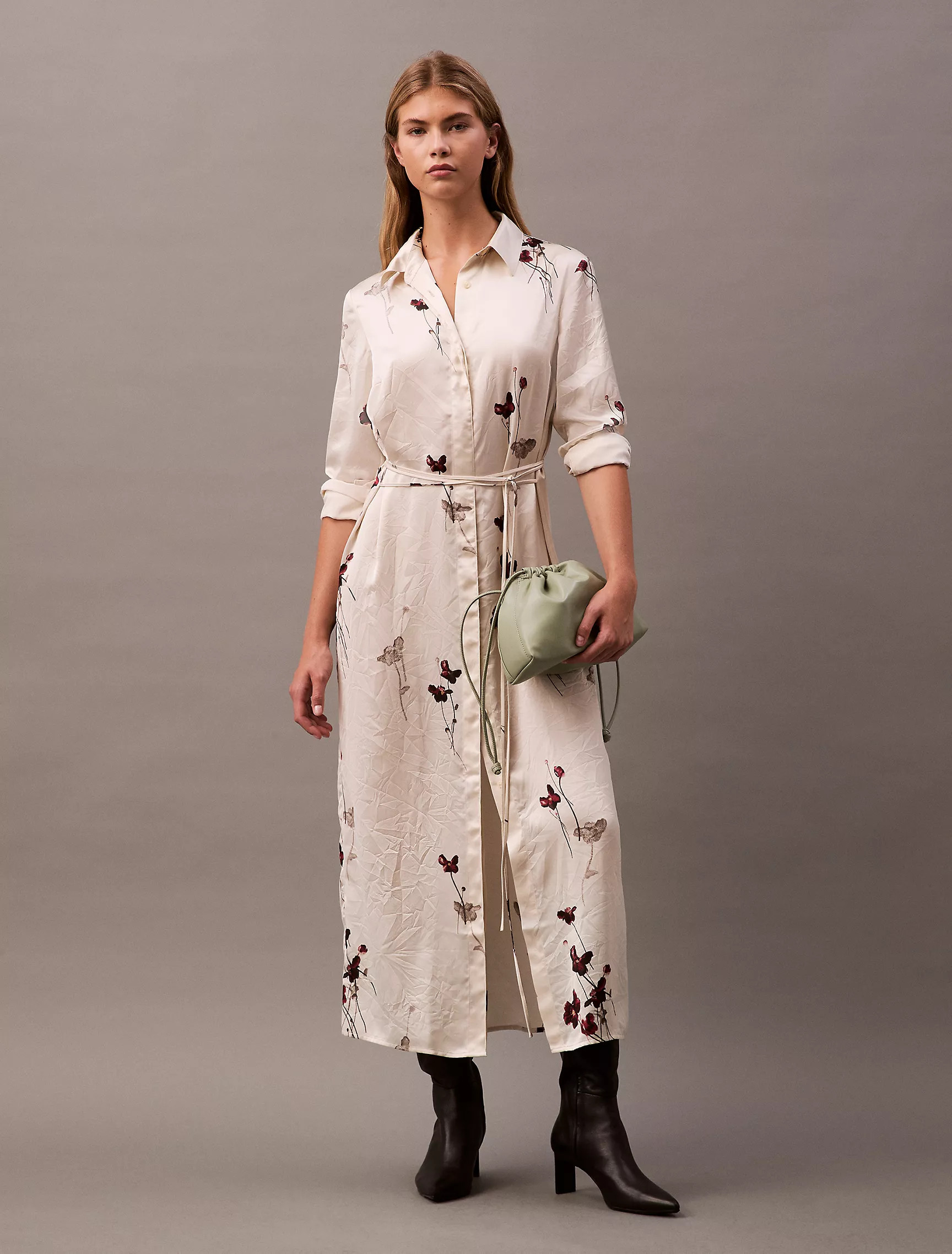 Crushed Satin Floral Shirt Dress | Calvin Klein | Calvin Klein (US)