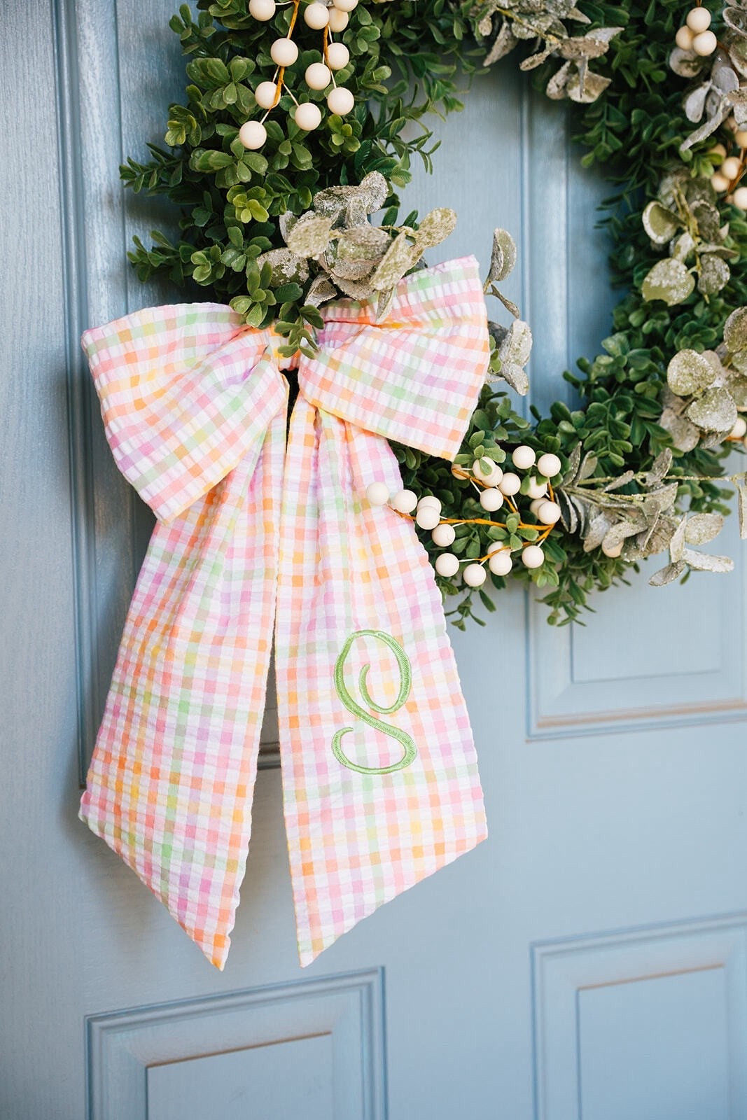 Gingham Seersucker Bow: Spring Door Hanger, Embroidered Easter Wreath Sash, Rainbow Gingham Easter Basket Bow, Pastel Color Front Door Decor

#LTKSeasonal #LTKmomlife #LTKHome