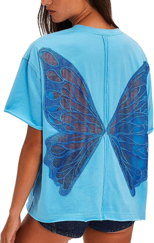 Women Sheer Butterfly T Shirt Short Sleeve Cut Out Back Tee Top Embroidered Oversized Tee Shirts ... | Amazon (US)