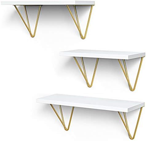 STORAGEGEAR Floating Shelves with Triangle Modern Gold Bracket Set of 3 Wall Mounted Shelves for ... | Amazon (US)