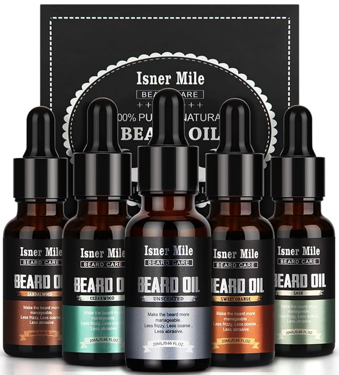 ISNER MILE 5 Pack Beard Oil Set Leave in Conditioner Cedarwood Sandalwood Sage Sweet Orange for M... | Amazon (US)