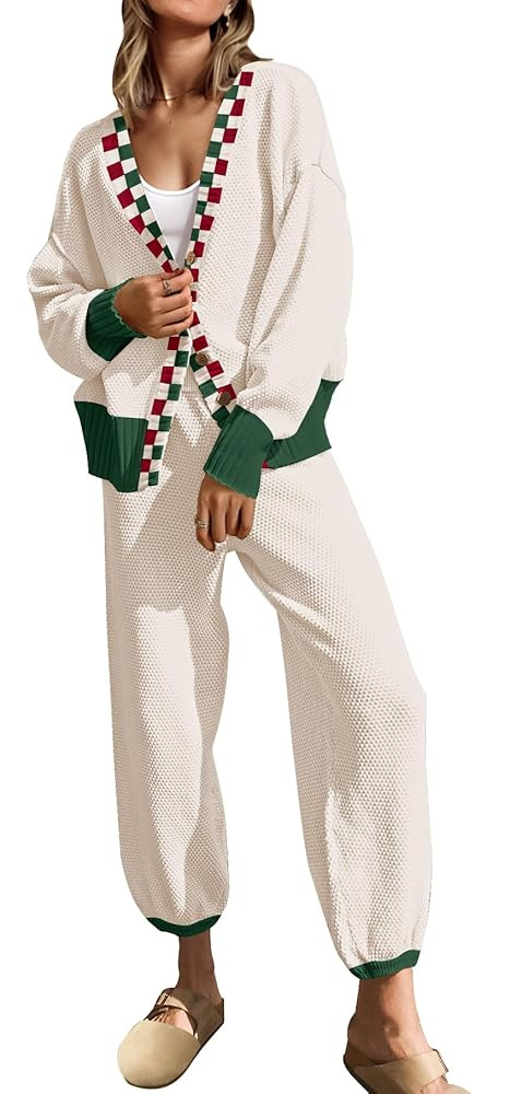 SAUKOLE Womens Two Piece Outfits Knit Sweater Sets Oversized Button Down Cardigan and Long Pants ... | Amazon (US)