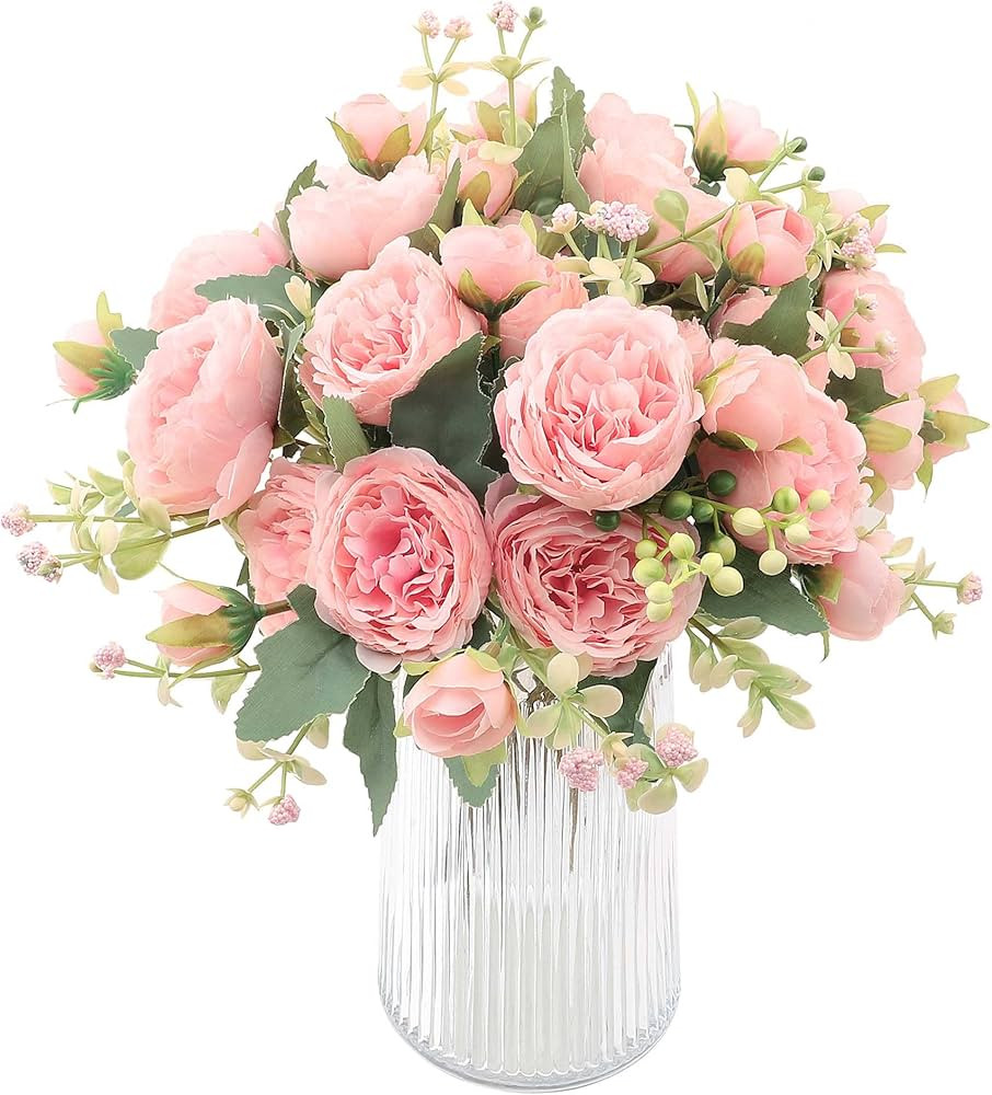 4 Bunches Artificial Roses Fake Peonies Silk Flowers Plastic Grasses Bouquets for Home Wedding Pa... | Amazon (US)