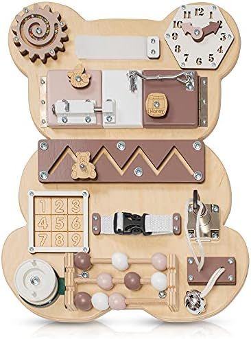 Toddler Busy Board Bear for 1 2 3 Year Old - Wooden Handmade Baby Sensory Activity Boards with Ke... | Amazon (US)