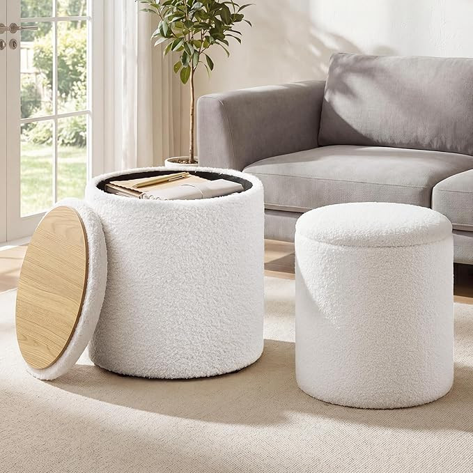 SONGMICS Vanity Stool, Set of 2, Round Storage Ottoman, Small Ottoman Coffee Table, Foot Stool, R... | Amazon (US)