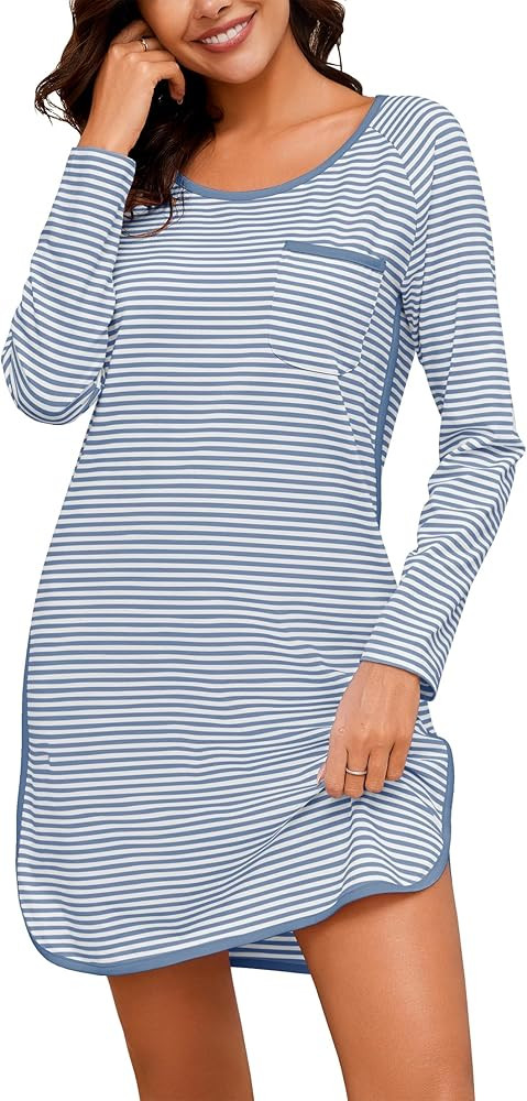 Cotton Nightgowns for Women Soft Striped House Dress Long Sleeve Sleep Shirts Fall Sleepwear Nigh... | Amazon (US)