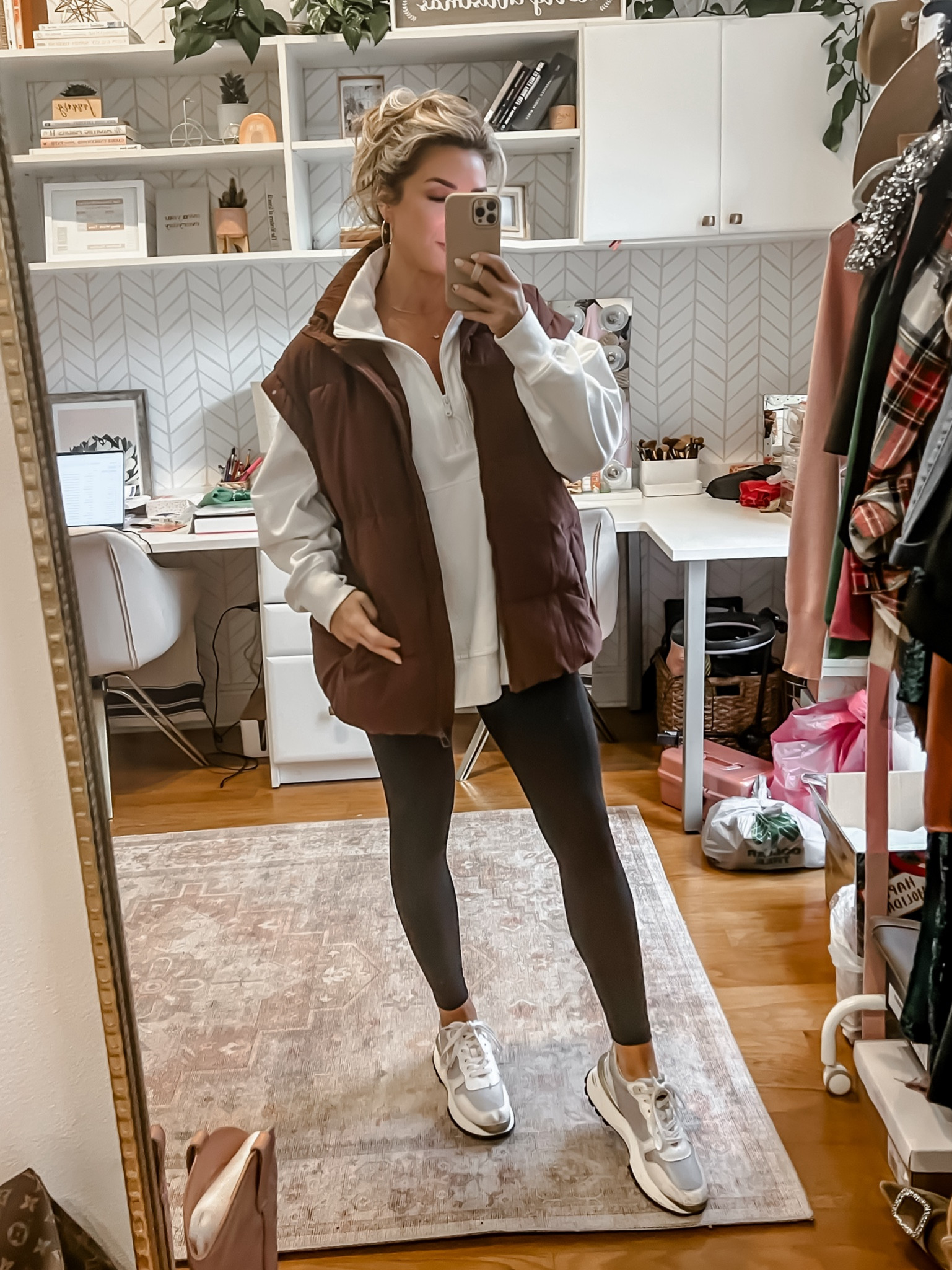 Cozy oversized tunic and puffer vest. Black leggings, sneakers, casual winter outfit, leggings outfits, activewear for ladies 

#LTKfindsunder50 #LTKstyletip #LTKfitness