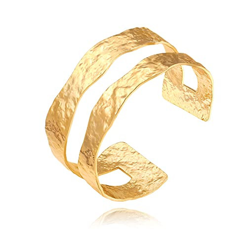 Aobei Pearl 18K Gold Plated Wide Chunky Crumpled Textured Split Cuff Bangle Bracelet for Women Minimalist Hammered 2-Row Open Bracelet Adjustable Wrist Jewelry | Amazon (US)
