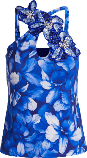 Printed Keyhole Floral Applique Knit Tank - Blue Iris Floral | Boston Proper | Boston Proper