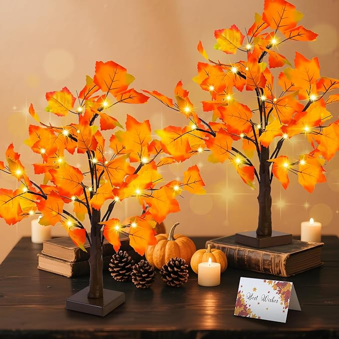 Fall Decor 2 Pack Fall Trees Artificial Lighted Maple Tree Thanksgiving Decor 48 LED Table Fall L... | Amazon (US)