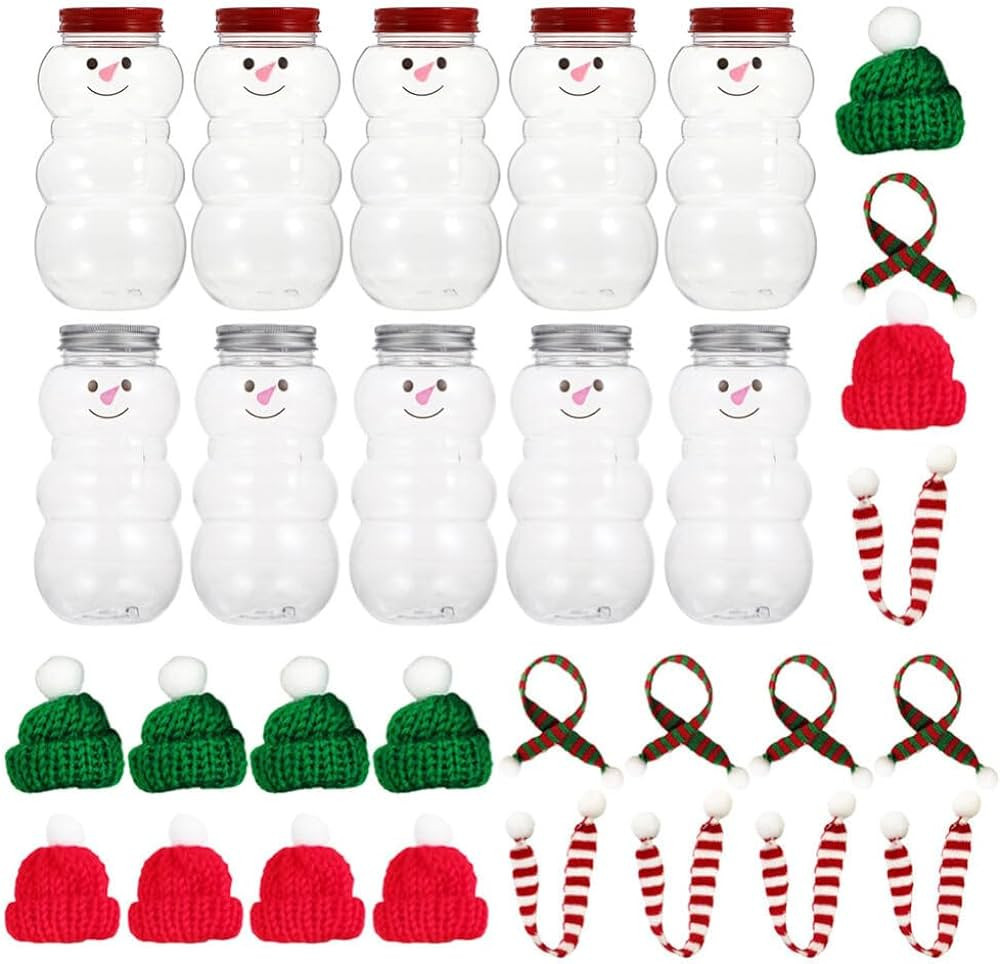 PRETYZOOM 10 Sets Snowman Plastic Juice Bottles with Lid Scarves Hats Clear Christmas Candy Jar E... | Amazon (US)