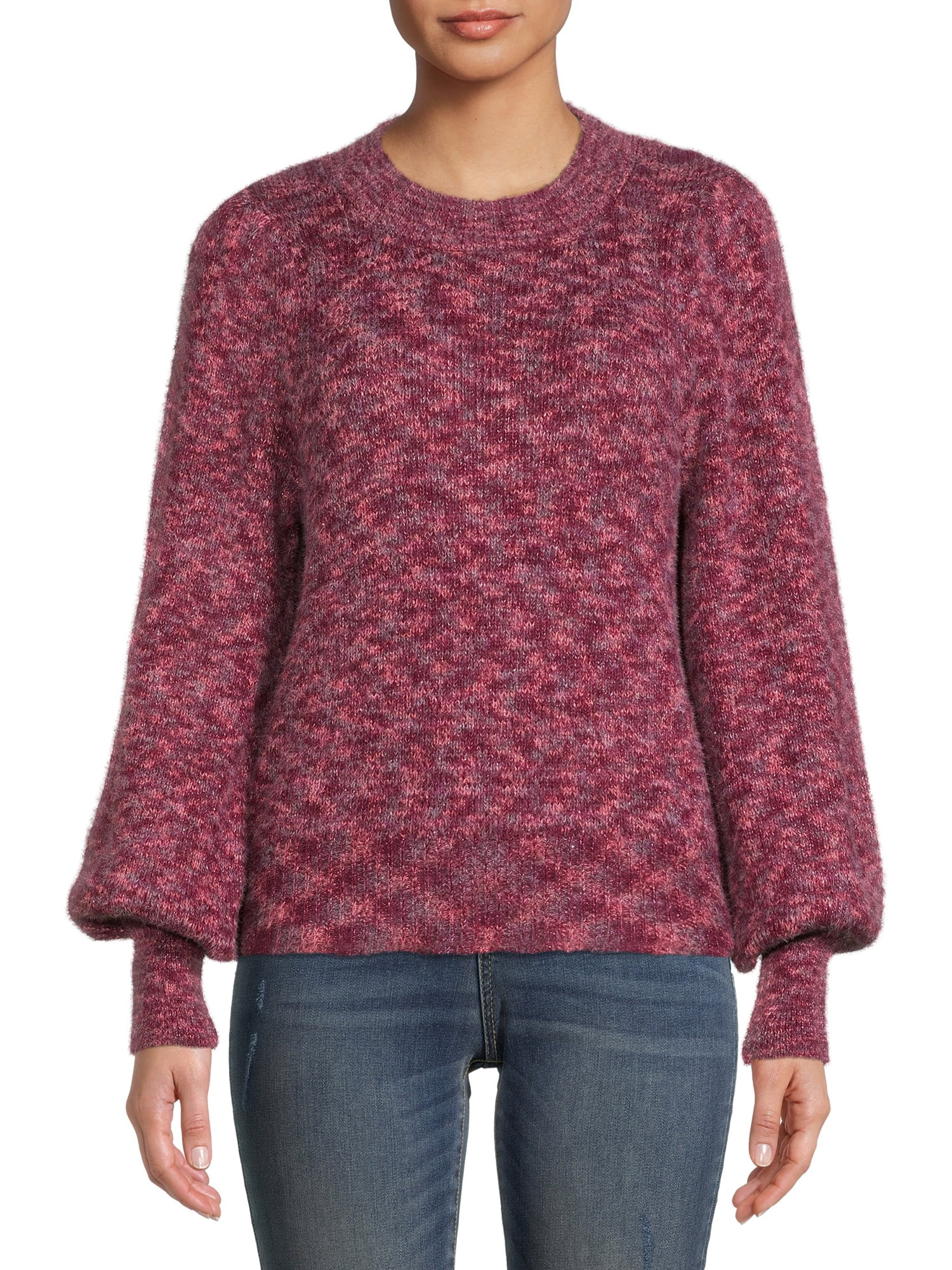 Time and Tru Women's Puff Shoulder Crew Neck Sweater | Walmart (US)