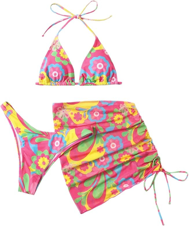 Amazon.com: SOLY HUX Women's 3 Piece Swimsuits Floral Print Triangle Halter Bikini with Cover Up ... | Amazon (US)