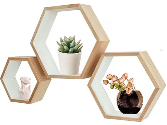 Hexagon floating shelves for wall | Wooden honeycomb hexagonal shelves, whitewash interior. Geome... | Etsy (US)