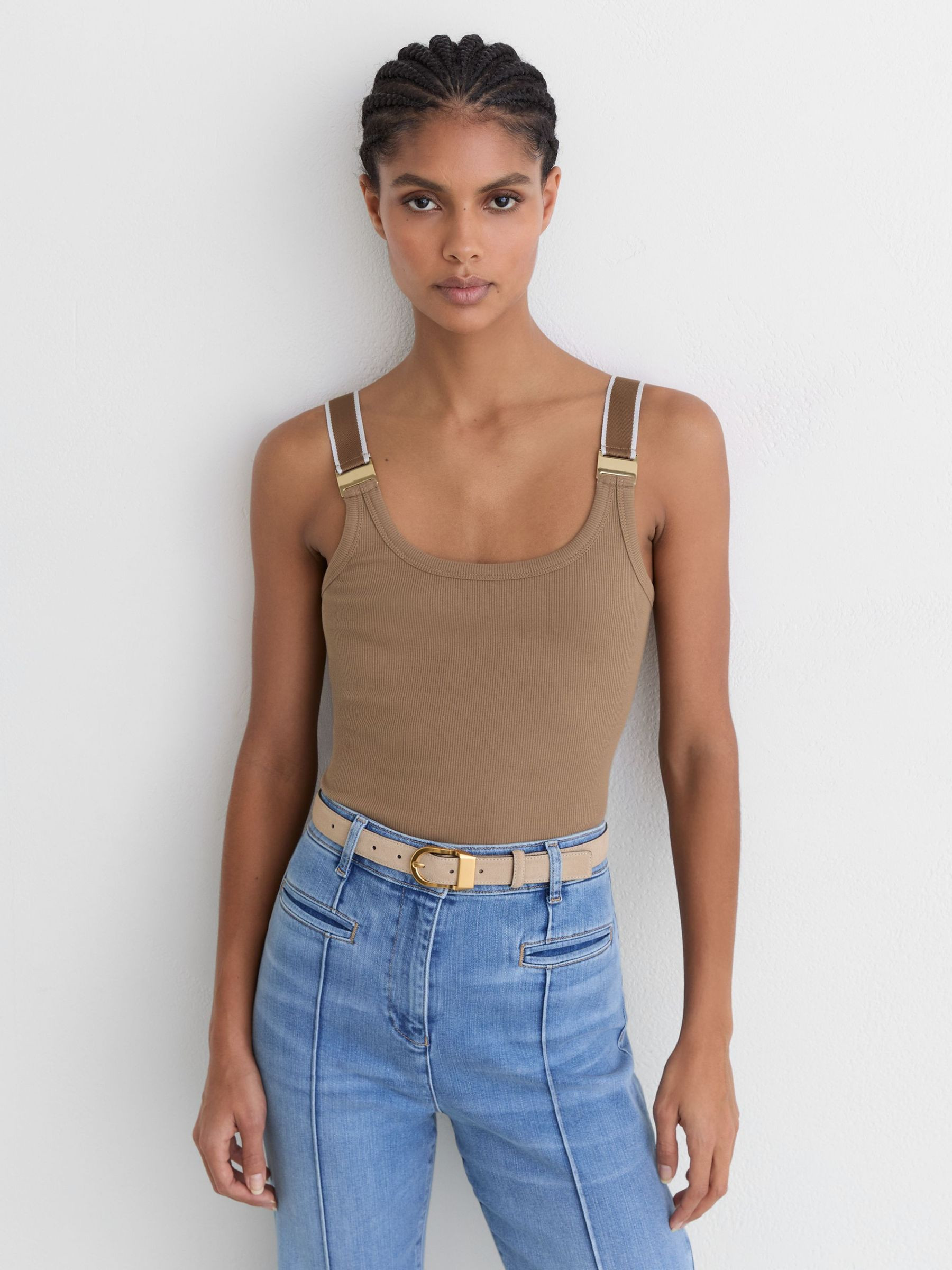 Reiss Stretch-Cotton Hardware-Detail Vest in Camel/Ivory | REISS | Reiss US