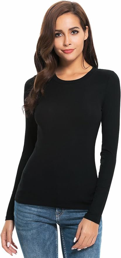 Women Long Sleeve Crew Neck/Scoop Neck Rayon Slim Fit Stretchy Layer T Shirts Tops | Amazon (US)