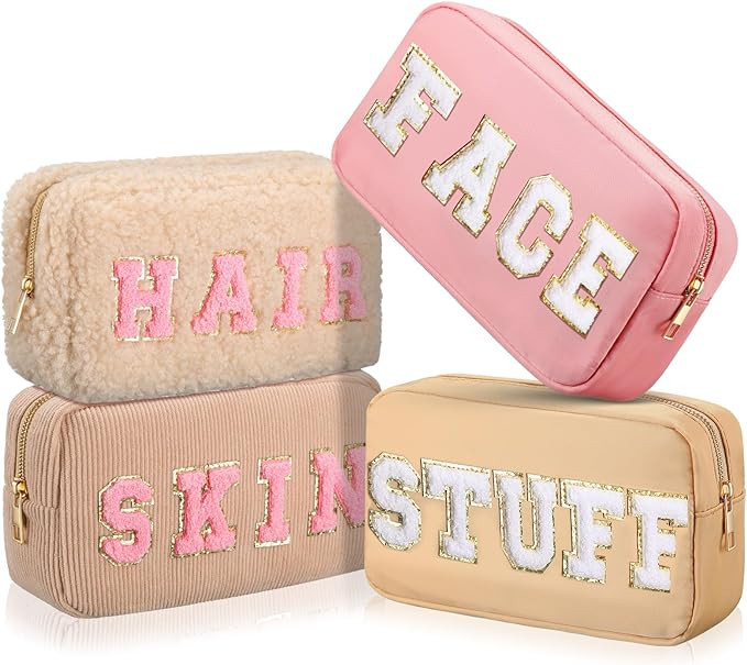 Kajaia 4 Pcs Nylon Chenille Letter Bag Preppy Pouches Cosmetic Makeup Toiletry Bag Cute Makeup Ba... | Amazon (US)