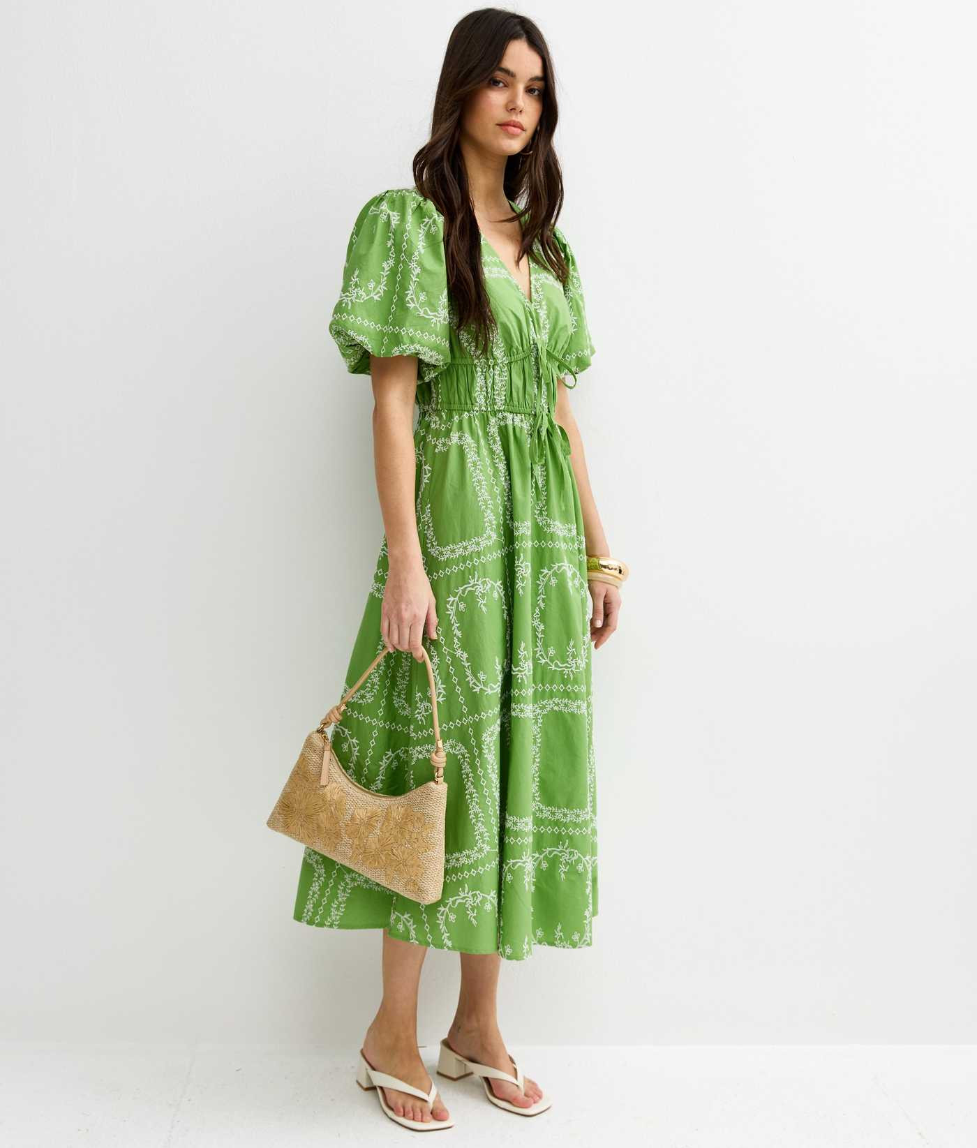 Bright Green Embroidered Puff Sleeve Midi Dress | New Look | New Look (UK)