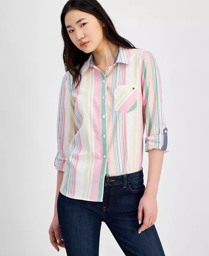 Tommy Hilfiger Women's Cotton Striped Roll-Tab Shirt - Macy's | Macy's