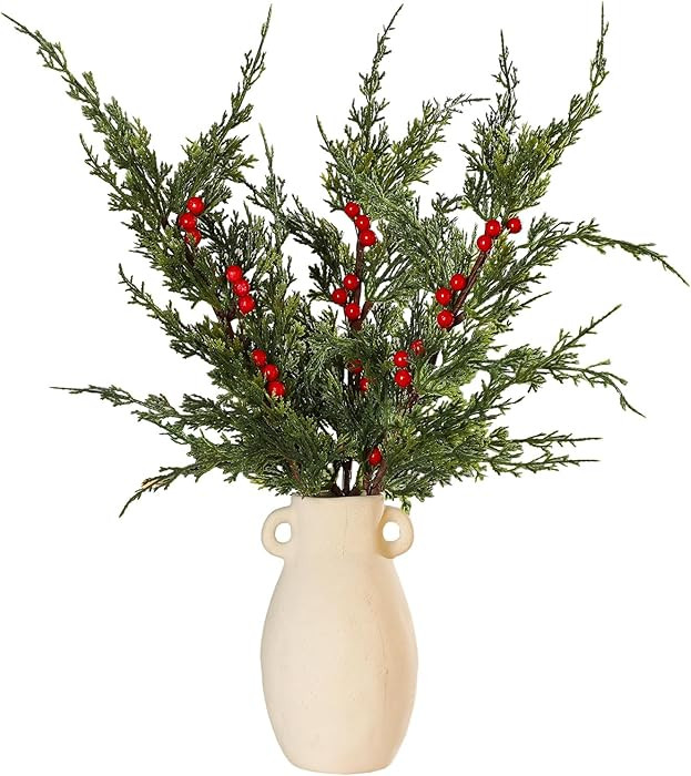 Hoteam 6 Pcs 24 Inch Christmas Faux Cedar Spray with Red Berry Stems Artificial Pine Branches Fau... | Amazon (US)