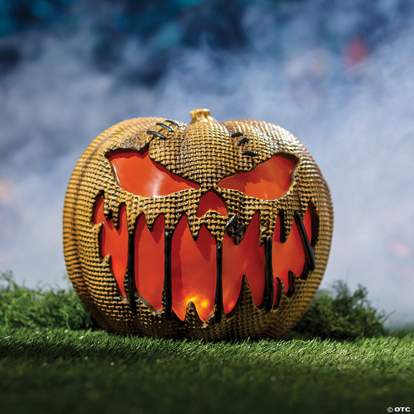 14" Animated Flaming Burlap Pumpkin Halloween Decoration | Oriental Trading Company