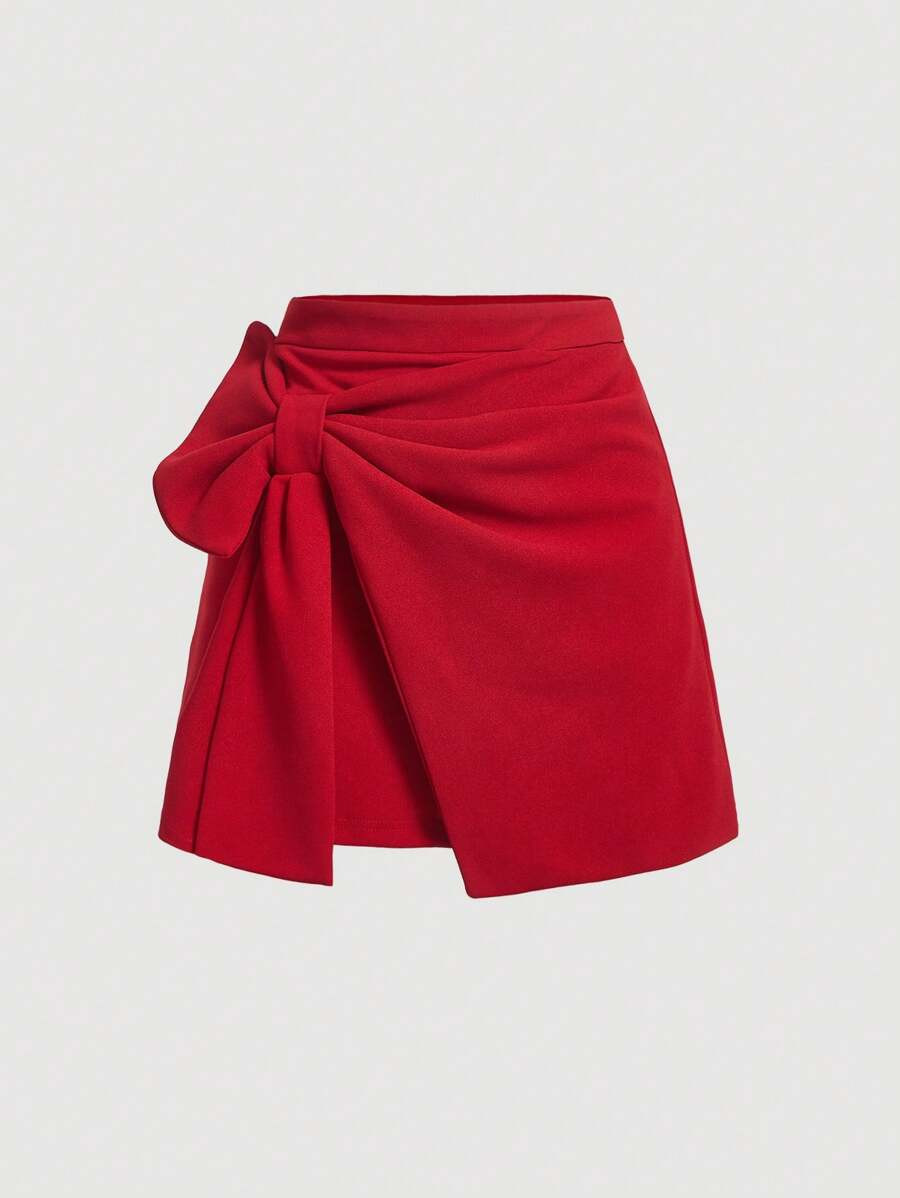 SHEIN MOD Solid Color Bowknot Decorated Knee-Length Skirt | SHEIN