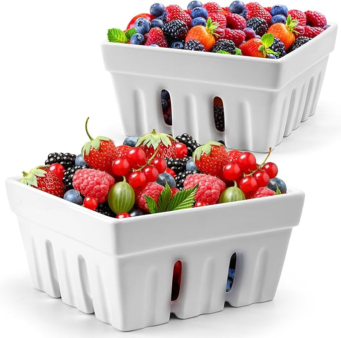 MIAMIO - Ceramic Berry Basket Set of 2 / Cute Kitchen Fruit Bowl with Draining Holes/Strawberry S... | Amazon (US)