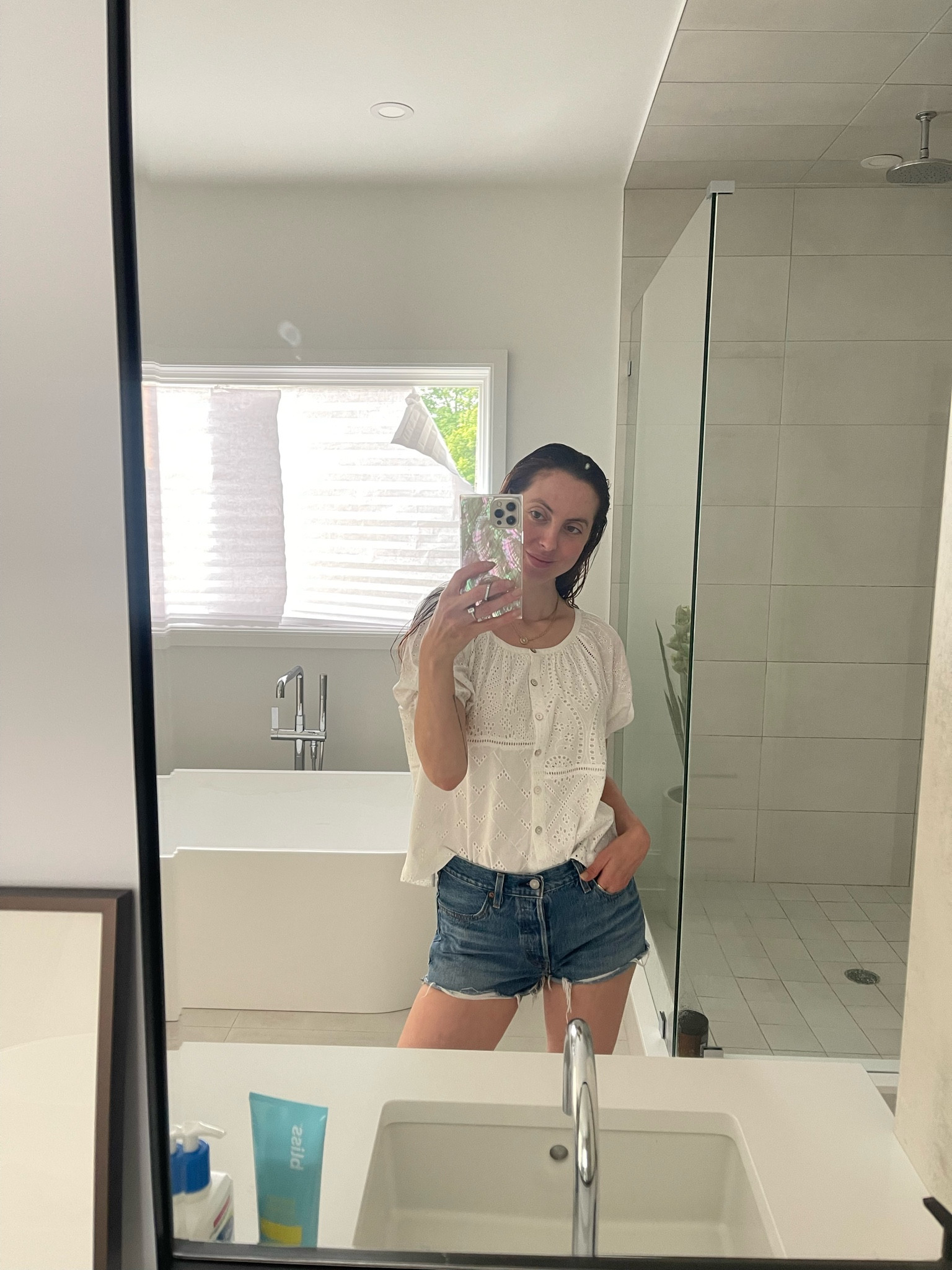 Out of the day featuring my favorite eyelet top from Faherty and my go to denim jean shorts from Levi! I also got a new phone case from Flaunt :)

#LTKunder100 #LTKstyletip
