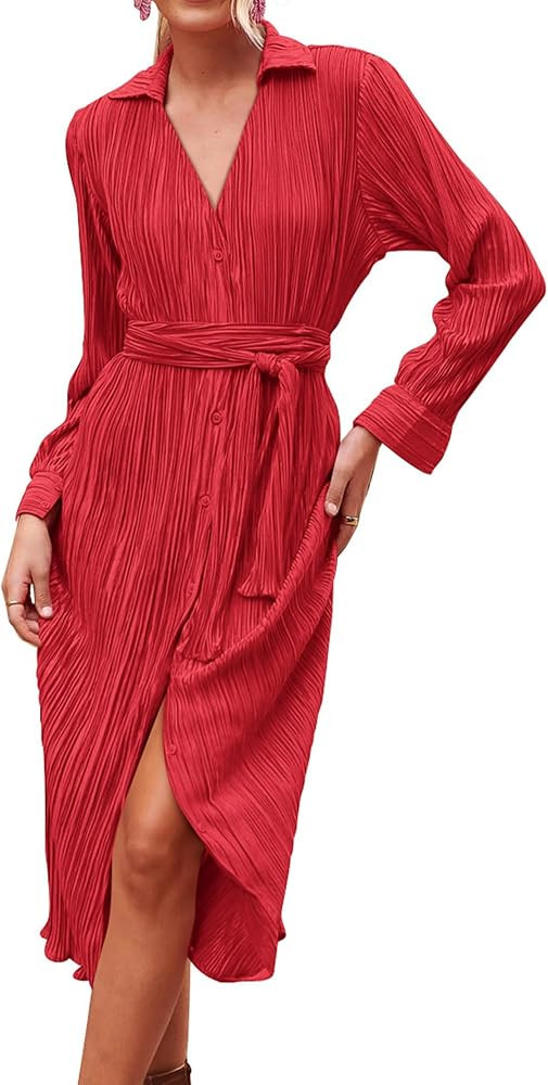KIRUNDO Women's 2023 Fall Dresses Fashion Casual Collar V Neck Button Down Pleated Long Sleeve Mi... | Amazon (US)