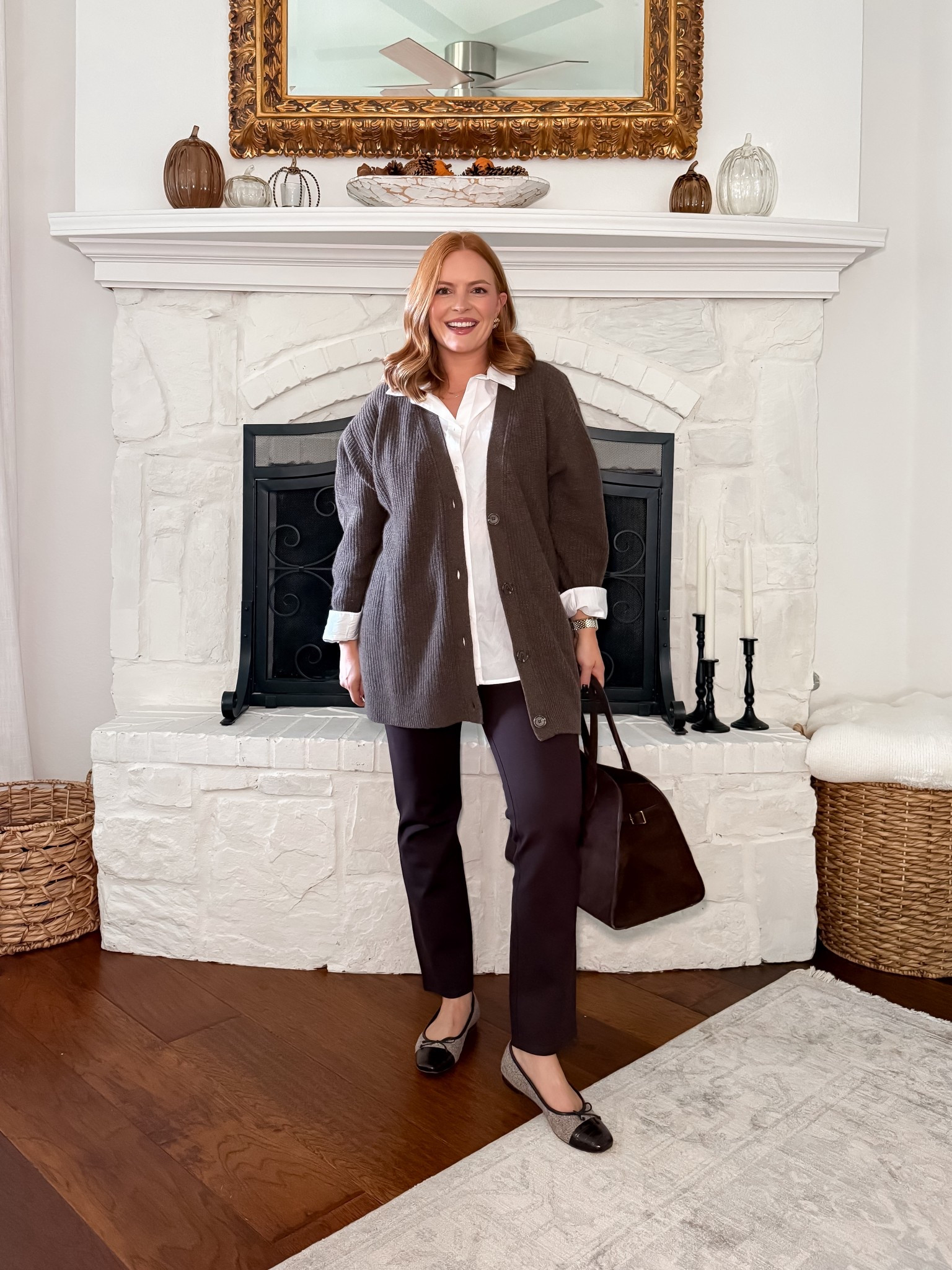 How to style: chocolate pants! Dressing these pants down with a simple oversized cardigan and a white button down!

#LTKWorkwear #LTKSeasonal #LTKStyleTip