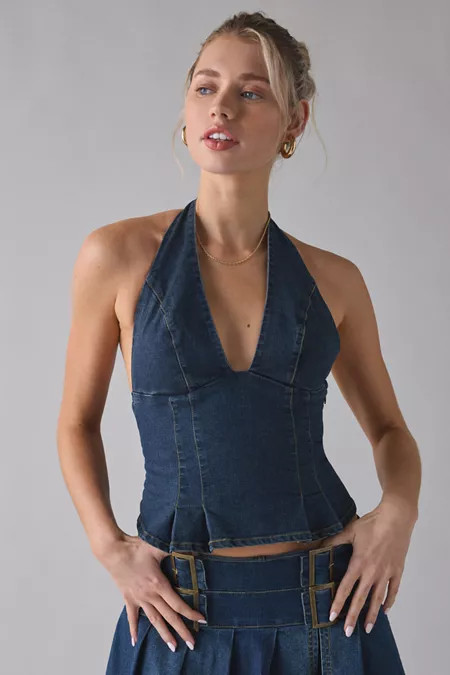 UO Luna Mixed Lace Trim Plunge Halter Top | Urban Outfitters (US and RoW)