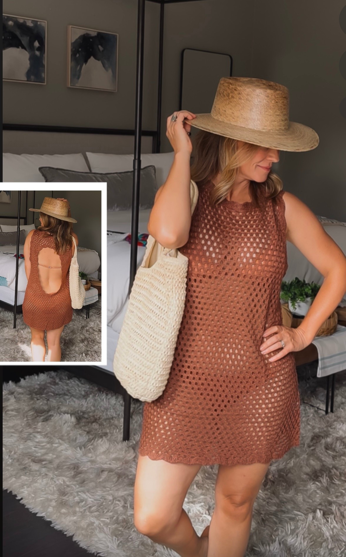 BEACH PLEASE! 🏝️This crocheted swimsuit coverup is so dreamy. The open back is 👀 and I love all the colors it comes in. I’m wearing a small and I love the loose fit. 
ADD TO CART! 

I’ve had the bag and hat for years and they have been on a Greece cruise, a resort in Mexico and sailing in the Caribbean! I don’t leave home without them.