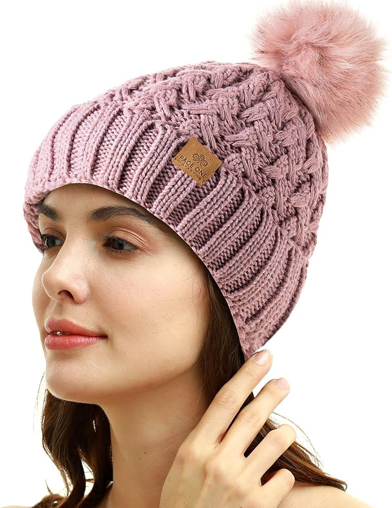 PAGE ONE Womens Winter Ribbed Beanie Crossed Cap Chunky Cable Knit Pompom Soft Warm Hat | Amazon (US)