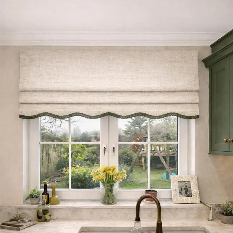 Scalloped Roman Shade with Green Trim, Custom Linen Look Window Treatment, Made to Measure | Etsy (Global)