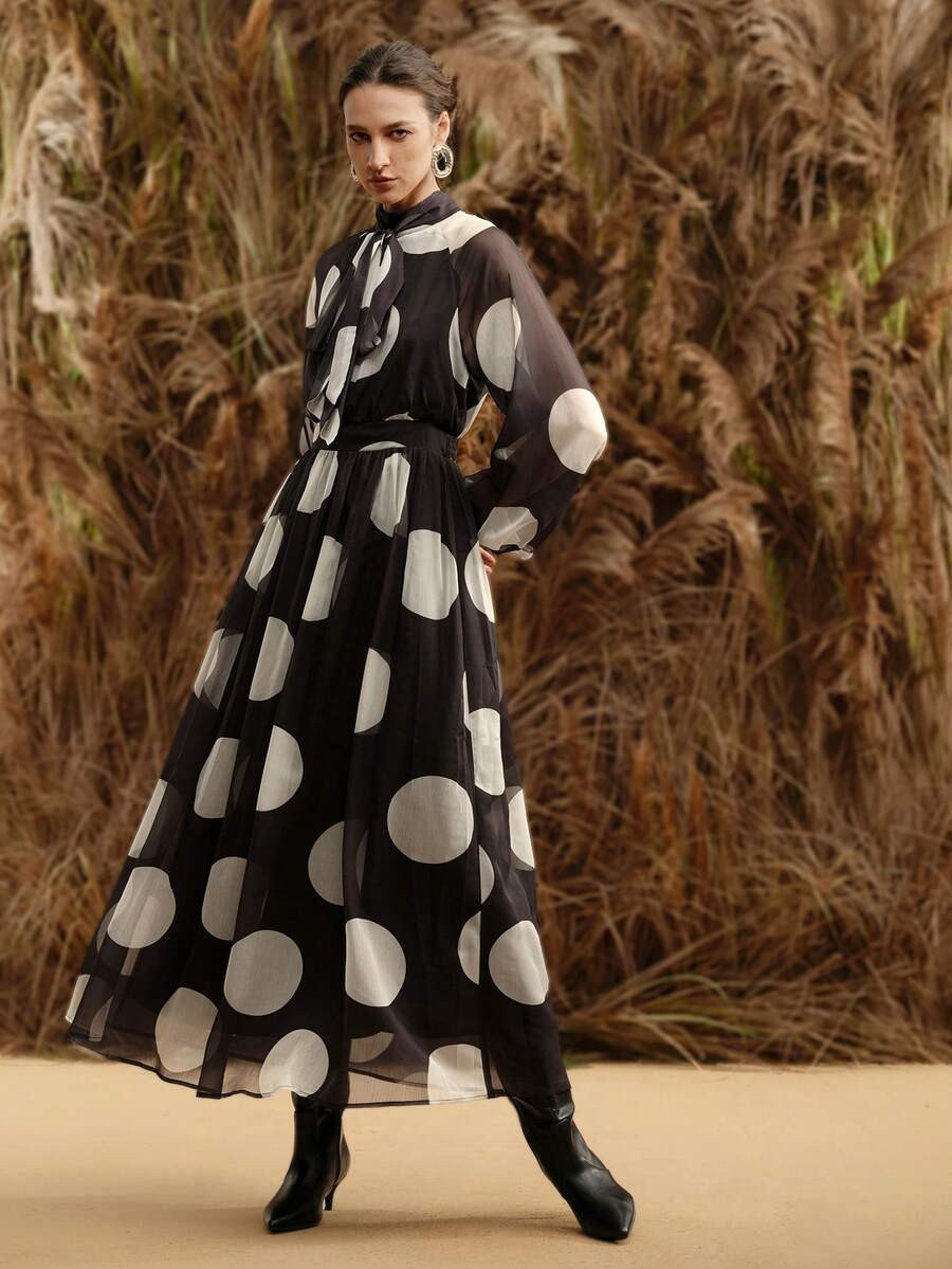 Arave Women's Polka Dot Digital Print Fabric, Stand Collar, Tie-Waist, Gathered Neckline, Flowing... | SHEIN