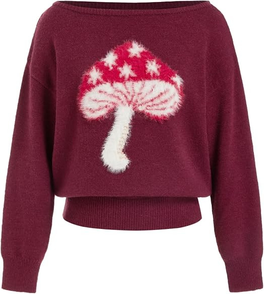 CIDER Boat Neck Long Sleeve Sweater for Women Cropped Knit Pullover Cute Mushroom Graphic Fall Wi... | Amazon (US)